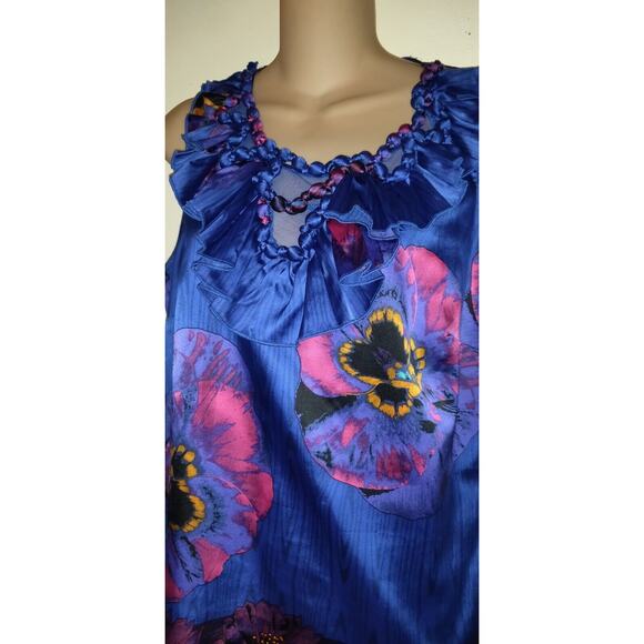 Blue Hawaiian Tank Top Sz 10 ECI New York Vintage Silky Look Floral Tropical 10 - Picture 3 of 12